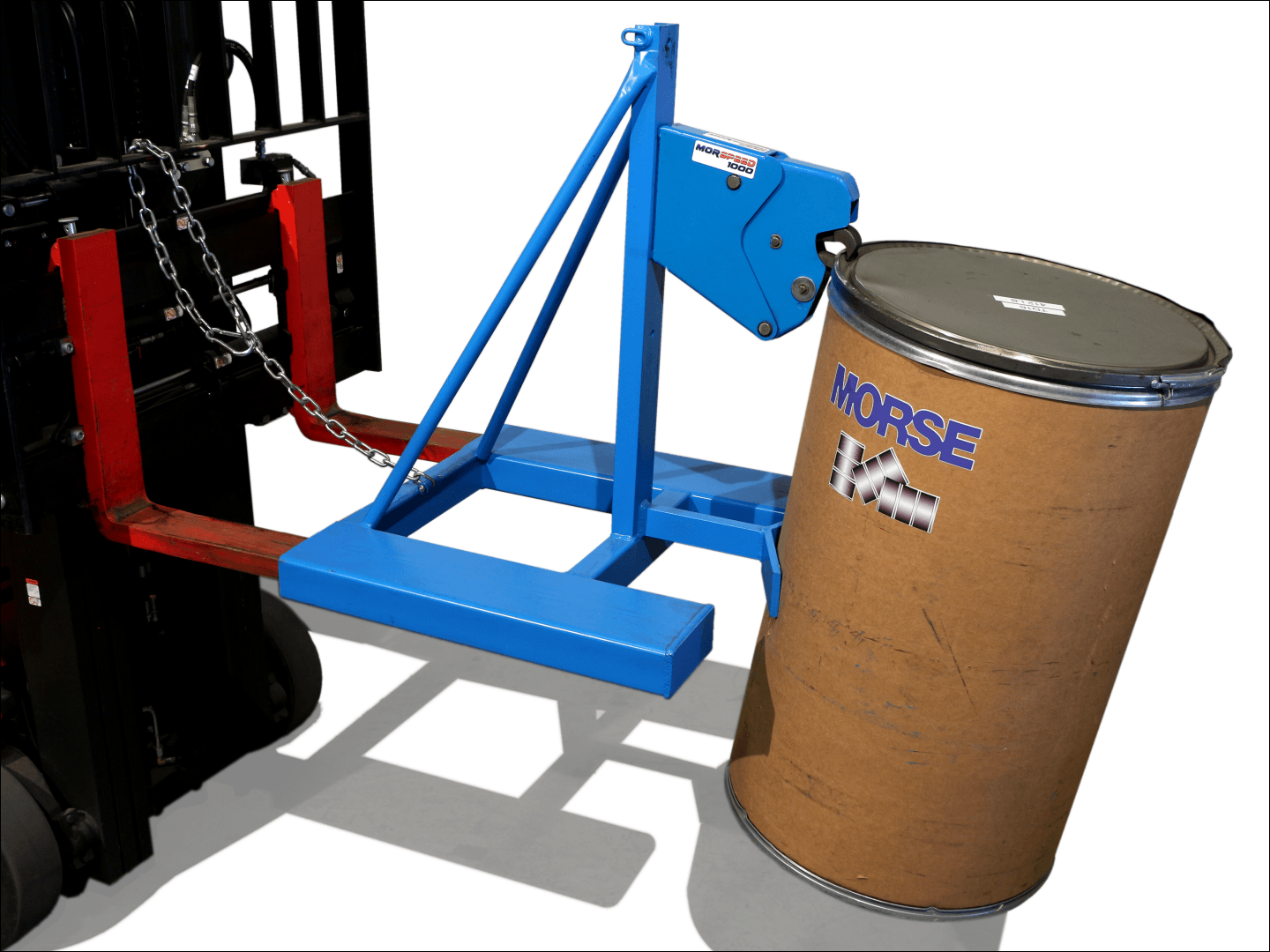 Morse Model 286-1 morspeed 1000 forklift attachment, one drum handler, 1 head for drum, fork pockets are 16.5" apart, 1000 lb. capacity.